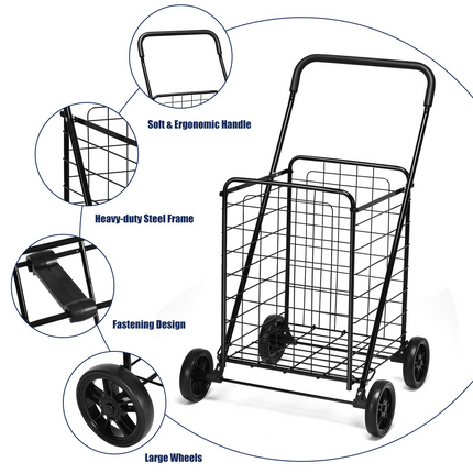 Goplus Folding Shopping Cart, Light Weight Utility Grocery Cart with Wheels, Portable Cart - GoplusUS