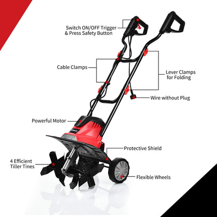 10 Amp Corded Electric Tiller and Cultivator, 14-Inch Tiller w/ 9" Tilling Depth - GoplusUS