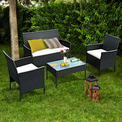 Rattan Sofa Furniture Set Outdoor Garden Patio 4-Piece Cushioned Seat Wicker (Black)