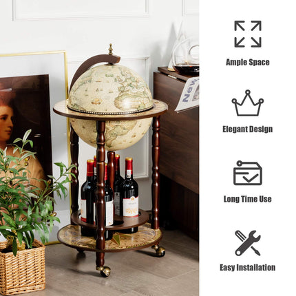 17" Wood Globe Wine Bar Stand 16th Century Italian Rack Liquor Bottle Shelf - GoplusUS