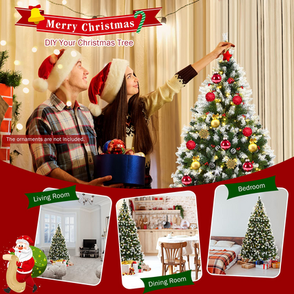 Goplus Pre-lit Snow Flocked Christmas Tree,Hinged Artificial Xmas Tree, Indoor Holiday Festival Decoration - GoplusUS