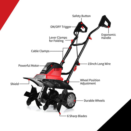 13.5 Amp Corded Electric Tiller and Cultivator, 17-Inch Tiller with 9' Tilling Depth - GoplusUS