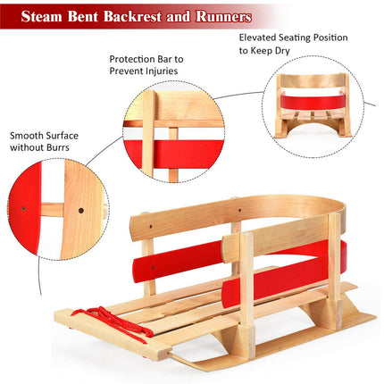 Wooden Sled, Snow Wood Sled Pull Steering Slider with Solid Wood Seat