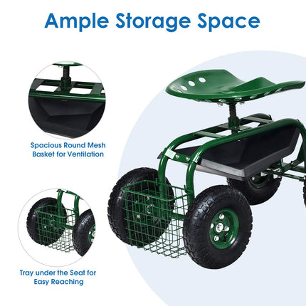 Garden Cart Gardening Workseat w/Wheels, Patio Wagon Scooter for Planting - GoplusUS