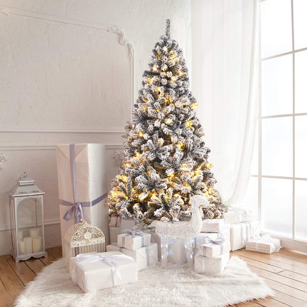 6FT/9FT  Snow Flocked Christmas Tree, Hinged Pine Tree - GoplusUS