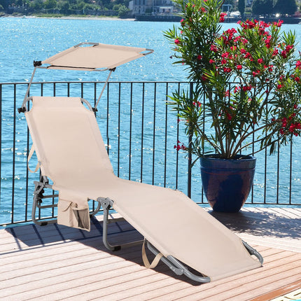 Folding Lounge Chair w/Shade Canopy and Storage Pocket - GoplusUS