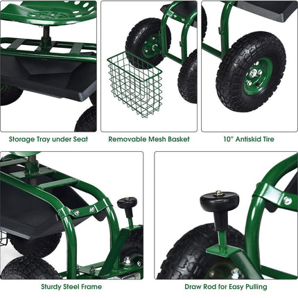 Garden Cart Gardening Workseat w/Wheels, Patio Wagon Scooter for Planting - GoplusUS
