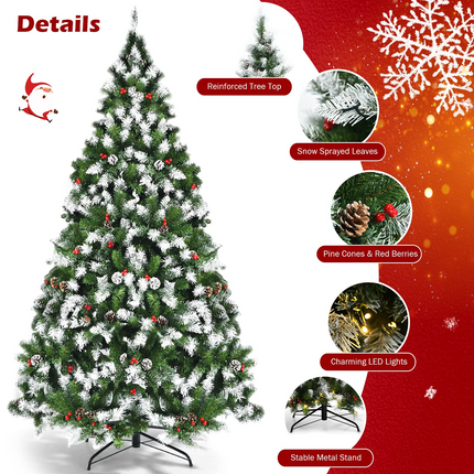 Goplus Pre-lit Snow Flocked Christmas Tree,Hinged Artificial Xmas Tree, Indoor Holiday Festival Decoration - GoplusUS