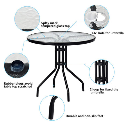 32" Outdoor Patio Table Round Shape Steel Frame Tempered Glass Top - GoplusUS