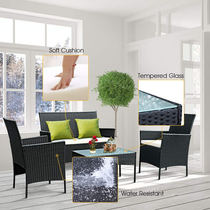 Rattan Sofa Furniture Set Outdoor Garden Patio 4-Piece Cushioned Seat Wicker (Black)