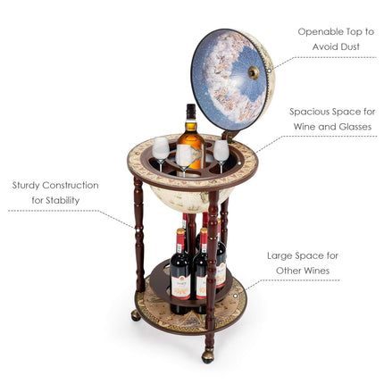 17" Wood Globe Wine Bar Stand 16th Century Italian Rack Liquor Bottle Shelf - GoplusUS