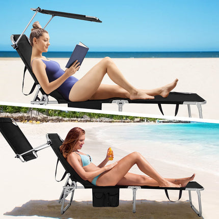 Folding Lounge Chair w/Shade Canopy and Storage Pocket - GoplusUS