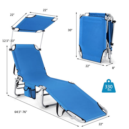 Folding Lounge Chair w/Shade Canopy and Storage Pocket - GoplusUS