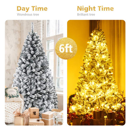 6FT/9FT  Snow Flocked Christmas Tree, Hinged Pine Tree - GoplusUS