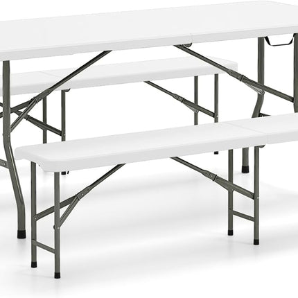 Goplus 6 FT 3-Piece Portable Picnic Table Bench Set, HDPE Plastic Folding Picnic Tables with Benches