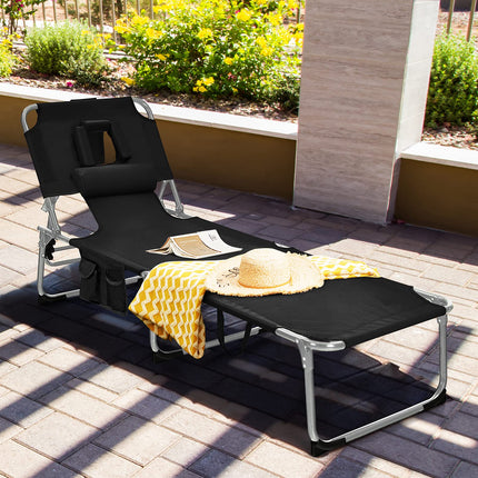 Beach Chaise Lounge with Face Hole, Folding Recliner  Black/Gray/Sky Blue/Navy - GoplusUS