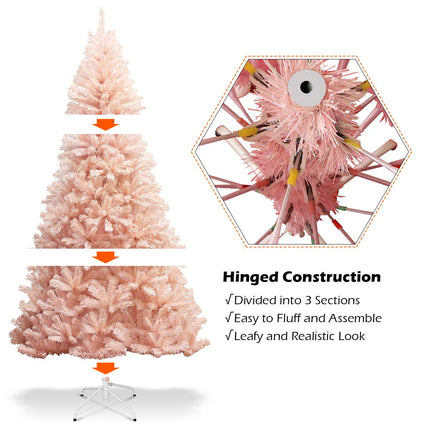 Artificial Pink Christmas Tree, 6ft/7ft Premium Unlit Hinged Spruce Full Tree - GoplusUS