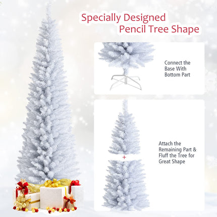 5FT / 6FT / 7FT Pencil Christmas Tree, Artificial Slim White Christmas Tree - GoplusUS