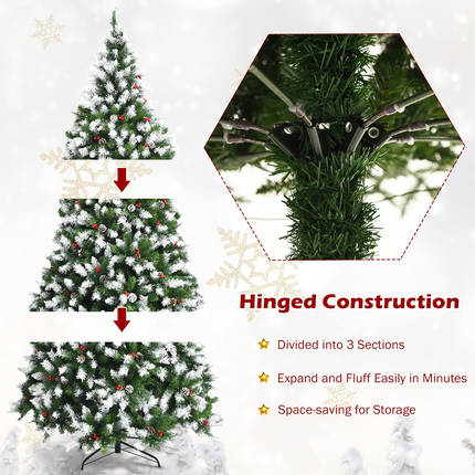 Goplus Pre-lit Snow Flocked Christmas Tree,Hinged Artificial Xmas Tree, Indoor Holiday Festival Decoration - GoplusUS
