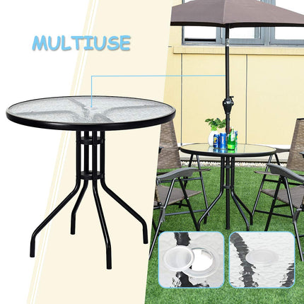 32" Outdoor Patio Table Round Shape Steel Frame Tempered Glass Top - GoplusUS