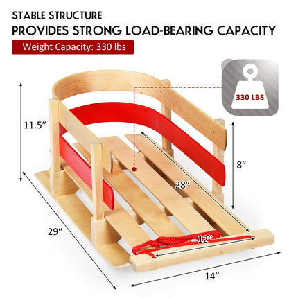 Wooden Sled, Snow Wood Sled Pull Steering Slider with Solid Wood Seat