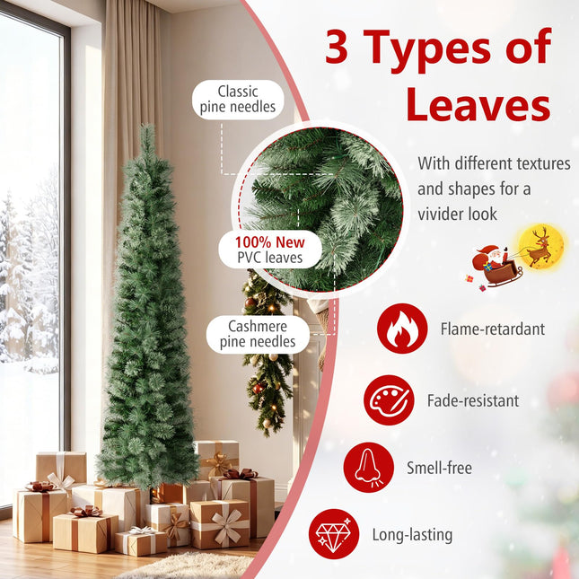 Goplus 6FT/7FT Pre-Lit Pencil Christmas Tree | Slim Holiday Xmas Tree Home Decoration