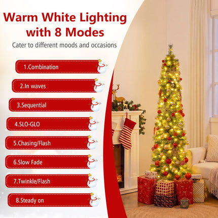 Goplus 6FT/7FT Pre-Lit Pencil Christmas Tree | Slim Holiday Xmas Tree Home Decoration