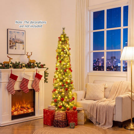 Goplus 6FT/7FT Pre-Lit Pencil Christmas Tree | Slim Holiday Xmas Tree Home Decoration