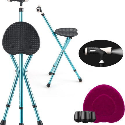Adjustable Folding Cane Seat, Aluminum Alloy Crutch Chair with LED Light and Retractable 3 Legs