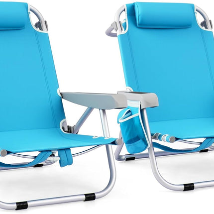 Goplus Folding Backpack Beach Chairs, Aluminum Sling Camping Chair with 5-Position Backrest, Towel Hanging Rack