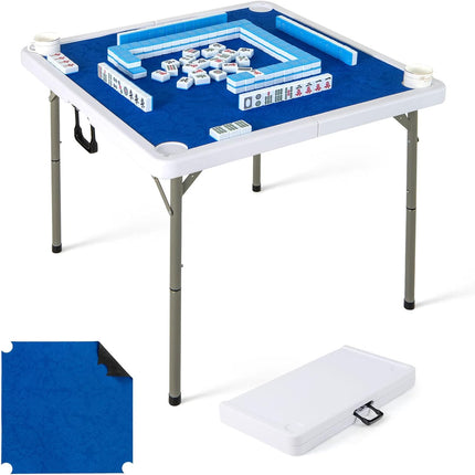 Goplus Mahjong Table, 35" Square Folding Card Table w/4Cup Holders, Anti Slip Mat, HDPE Tabletop w/Removable Mat