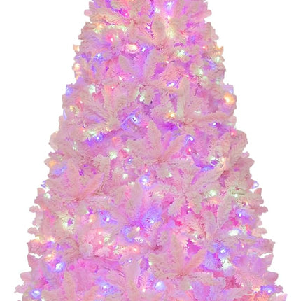 Goplus 6FT Pink Pre-lit Christmas Tree, Hinged Snow Flocked Artificial Xmas Tree, Seasonal Holiday Decoration for Office Home