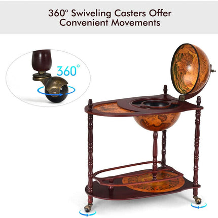 34" Wood Globe Wine Bar Stand 16th Century Italian Rack Bigger Shelf for More Liquor Bottle - GoplusUS