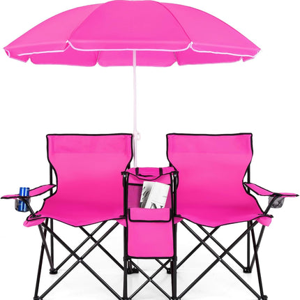 Double Folding Picnic Chairs Umbrella Mini Table Beverage Holder Carrying Bag