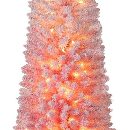 Goplus 6ft / 7ft Pink Slim Pencil Pre-lit Snow Flocked Christmas Tree
