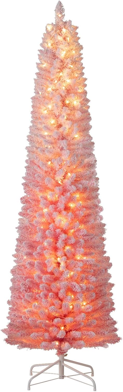 Goplus 6ft / 7ft Pink Slim Pencil Pre-lit Snow Flocked Christmas Tree