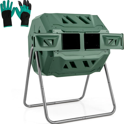 Goplus Compost Bin, 42-Gal Dual Chamber Composting Tumbler w/2 Sliding Doors, Heavy-Duty Metal Frame
