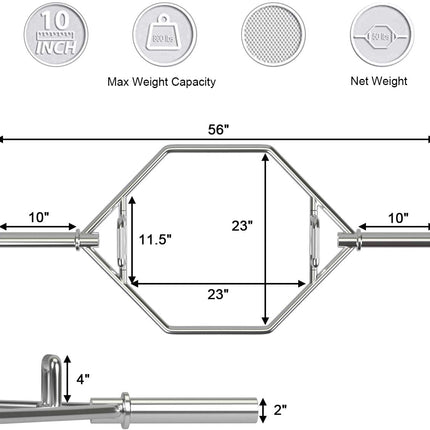 Folding Trap Bar 56" Chrome Finish Hex Weight Lifting Bar Deadlift Bar with Two-Handle - GoplusUS