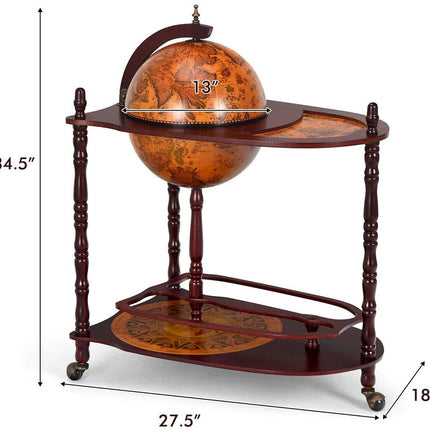34" Wood Globe Wine Bar Stand 16th Century Italian Rack Bigger Shelf for More Liquor Bottle - GoplusUS