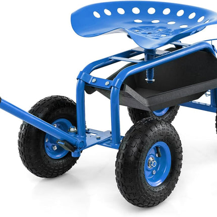 Goplus Garden Cart Gardening Workseat w/Wheels, Rolling Work Seat with Tool Tray & Basket, Length Adjustable Hook Handle