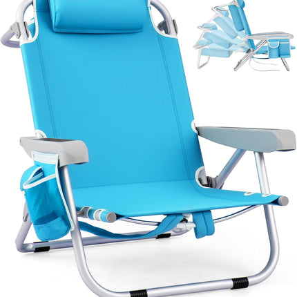 Goplus Folding Backpack Beach Chairs, Aluminum Sling Camping Chair with 5-Position Backrest, Towel Hanging Rack