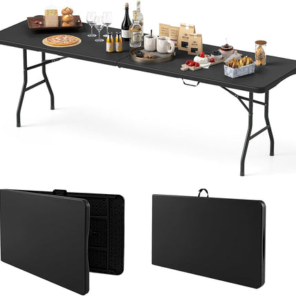 Goplus 8ft Plastic Folding Table, 350 LBS Outdoor Heavy Duty Folding Tables with HDPE Tabletop, Handle