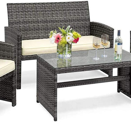 4-Piece Wicker Patio Furniture Set for Outdoor Garden Lawn Pool Backyard (Mix Gray) - GoplusUS