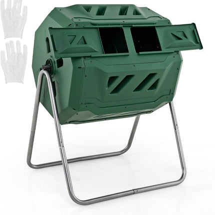 43 Gallon Composting Tumbler, Dual Chamber High Volume Compost with 2 Sliding Doors