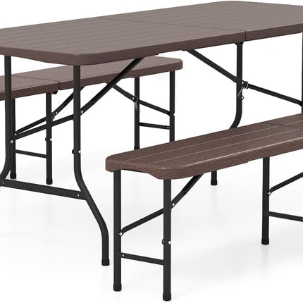Goplus 6 FT 3-Piece Portable Picnic Table Bench Set, HDPE Wood-Like Plastic Folding Picnic Tables with Benches