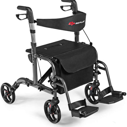 2 in 1 Folding Rollator Walker, 4 Wheel Medical Rolling Walker - GoplusUS