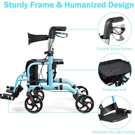 2 in 1 Folding Rollator Walker, 4 Wheel Medical Rolling Walker - GoplusUS