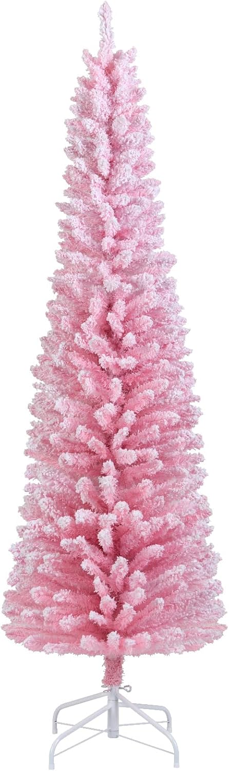 Goplus Pink Slim Pencil Christmas Tree | Artificial Unlit Skinny Xmas Full Tree for Seasonal Decor