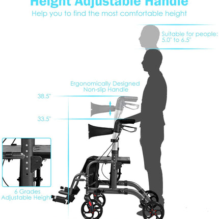 2 in 1 Folding Rollator Walker, 4 Wheel Medical Rolling Walker - GoplusUS