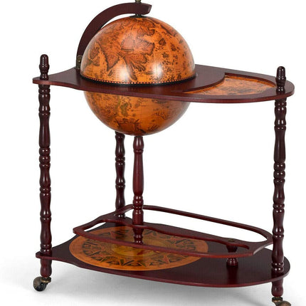 34" Wood Globe Wine Bar Stand 16th Century Italian Rack Bigger Shelf for More Liquor Bottle - GoplusUS